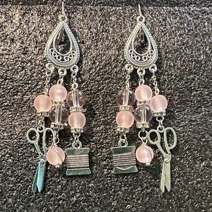Silver/Pink Sewing Charms Dangle Earrings